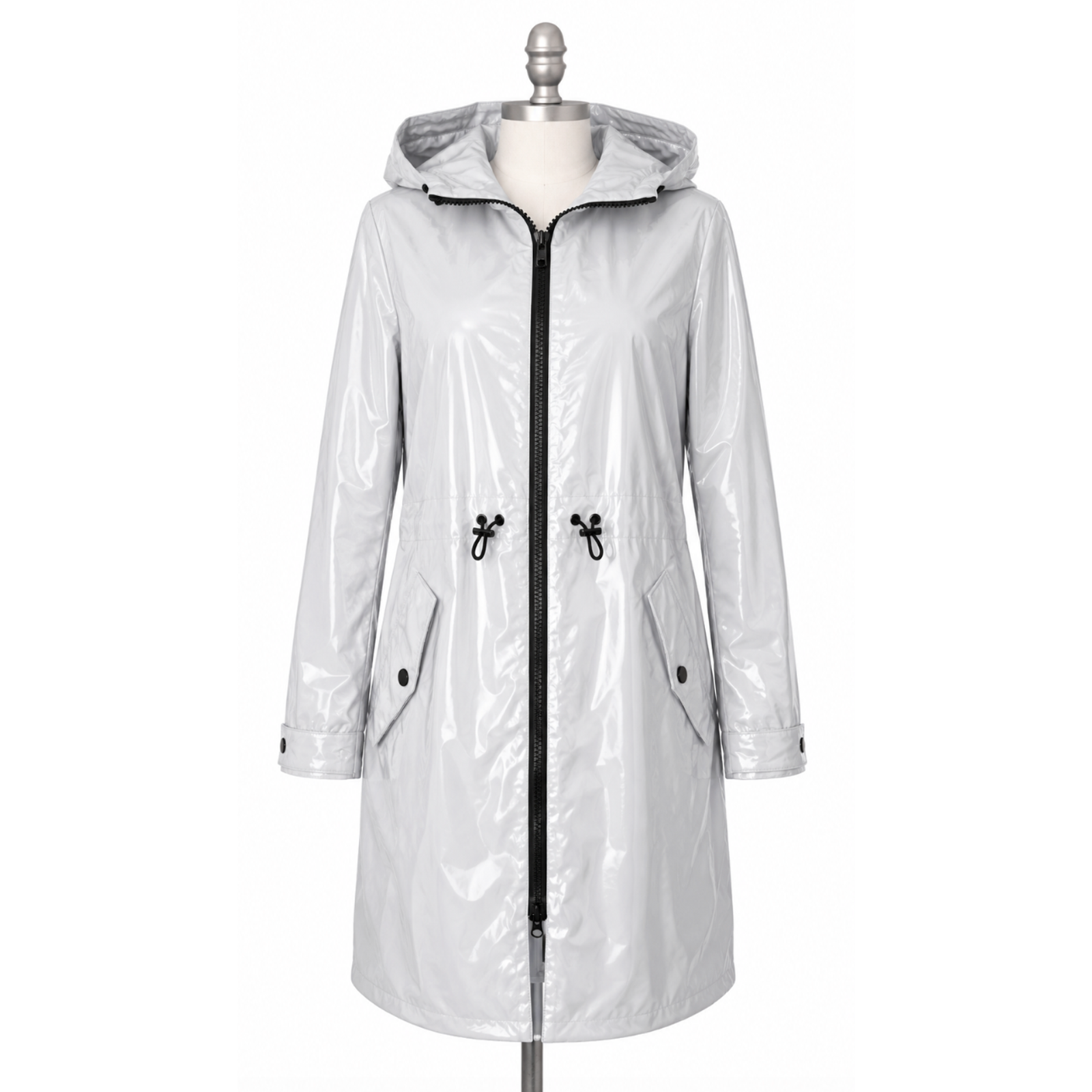 Nwt Jane Post Light Grey Padded Patent Rain Slicker Parka Coat Raincoat Jacket S — image 4 of 8